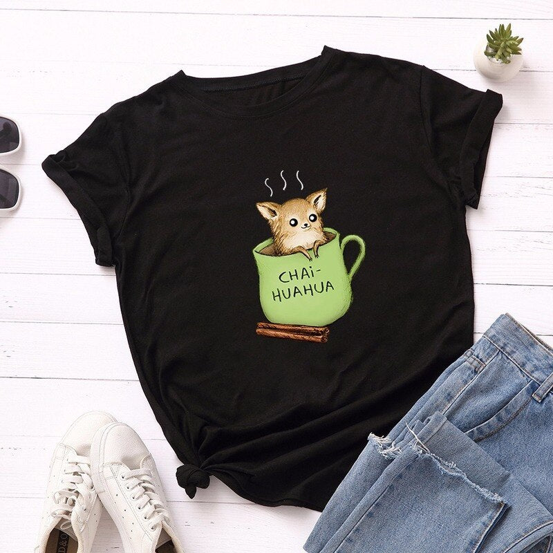 Women T-Shirt Summer Cotton Short Sleeve Cartoon Cute Dog