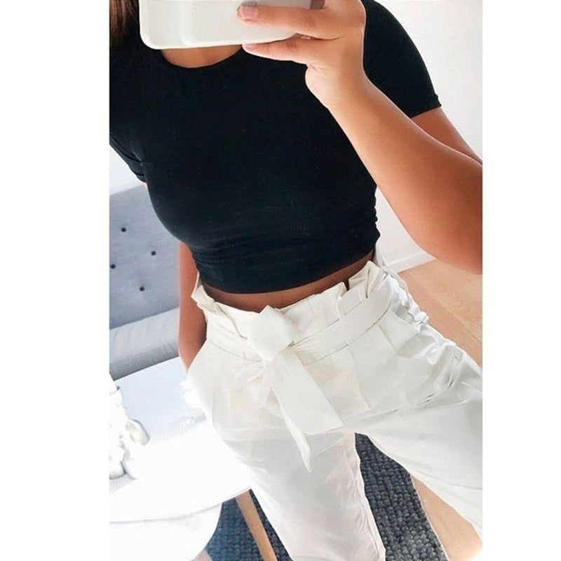 2020 Summer Women Fashion Crop Top Shirt Solid Color O-Neck Short Sleeve T-shirt Casual Tees Basic Solid Color