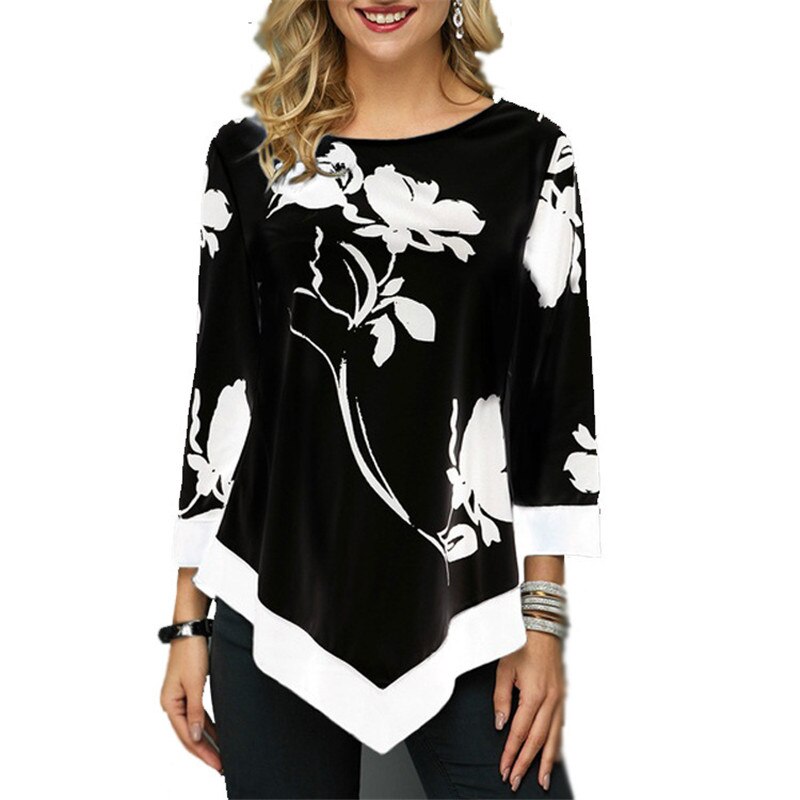 Women T-Shirt Elegant Floral Print Loose Three Quarter