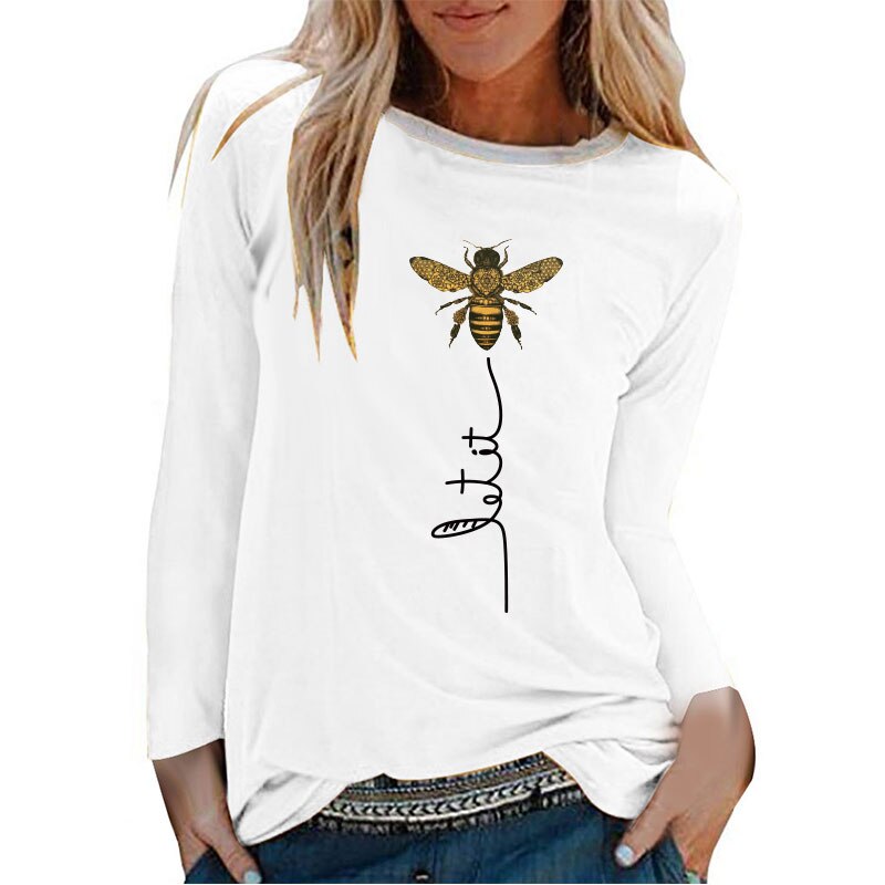 Bee Printing T-shirts Women Long Sleeve Graphic Tees Streetwear White Round Neck Aesthetic Clothes Fashion Tops for Women Ladies