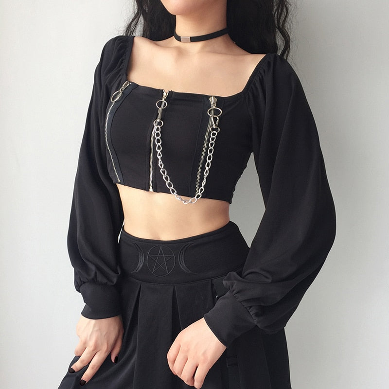 ITOOLIN Goth T-Shirt Zip Up Crop Top Women Off Shoulder Tees Chains Long Sleeve Y2k T-shirts Gothic Dark Black Vintage Clothes