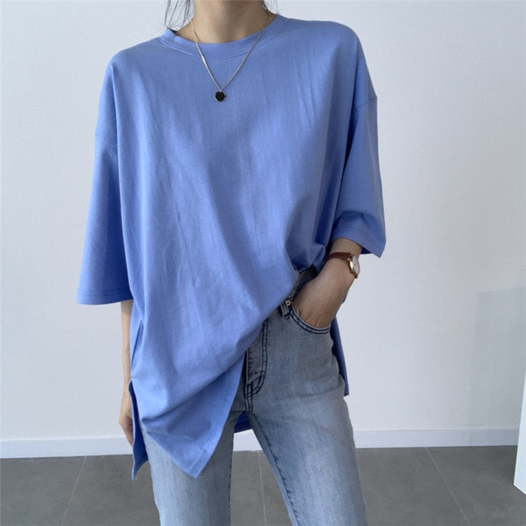 Colorfaith New 2021 Women Spring Summer T-shirts Solid Multi Colors Loose Bottoming Half Sleeve Minimalist Split Midi Tops T1165