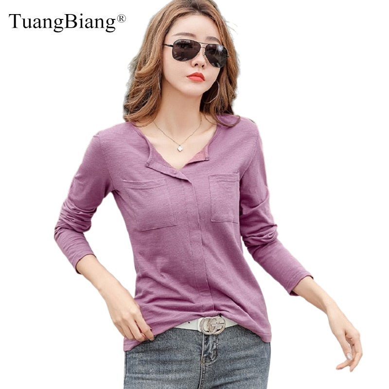 New 2021 Cotton Casual Two Pockets V-Neck T Shirts Women Spring Winter Long Sleeve Coffee Purple T Shirt Female Solid Color Tops