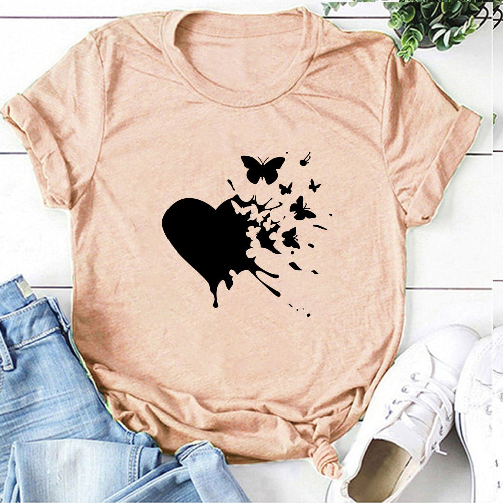 Heart Butterflies Print T-shirts Women Summer Graphic