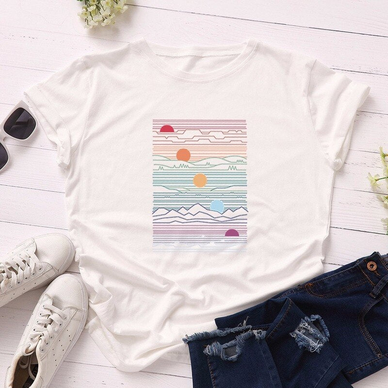 Summer Women tshirt Cotton Plus Size 5XL Casual Fashion Short Sleeve Sunrise Graphic Print t shirt Funny Women Tee Tops