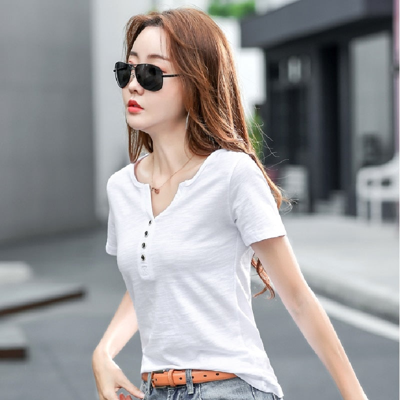 Short sleeve Summer Women Slub Cotton T-shirts Female Button Loose