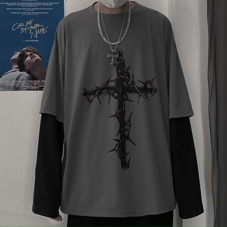 QWEEK Gothic Goth Style Tshirt 2021 Mall Goth Tops Punk Long Sleeve Oversize T-shirt Japanese Streetwear Fashion Korean Style