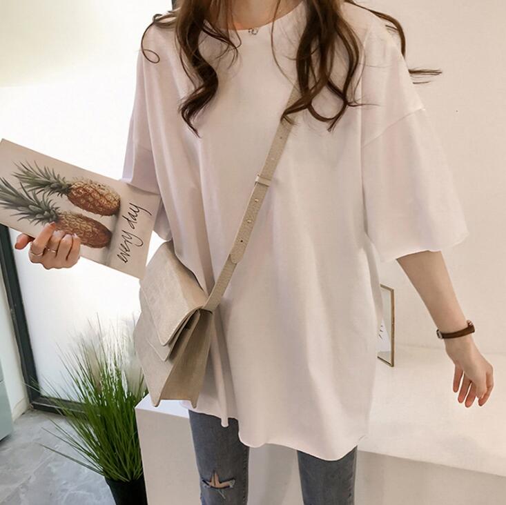 Korean Style Female T-shirt Pure Color M-XL Oversized Women Tops Harajuku Simple Basic Tee Shirt Feminina White Casual O-neck