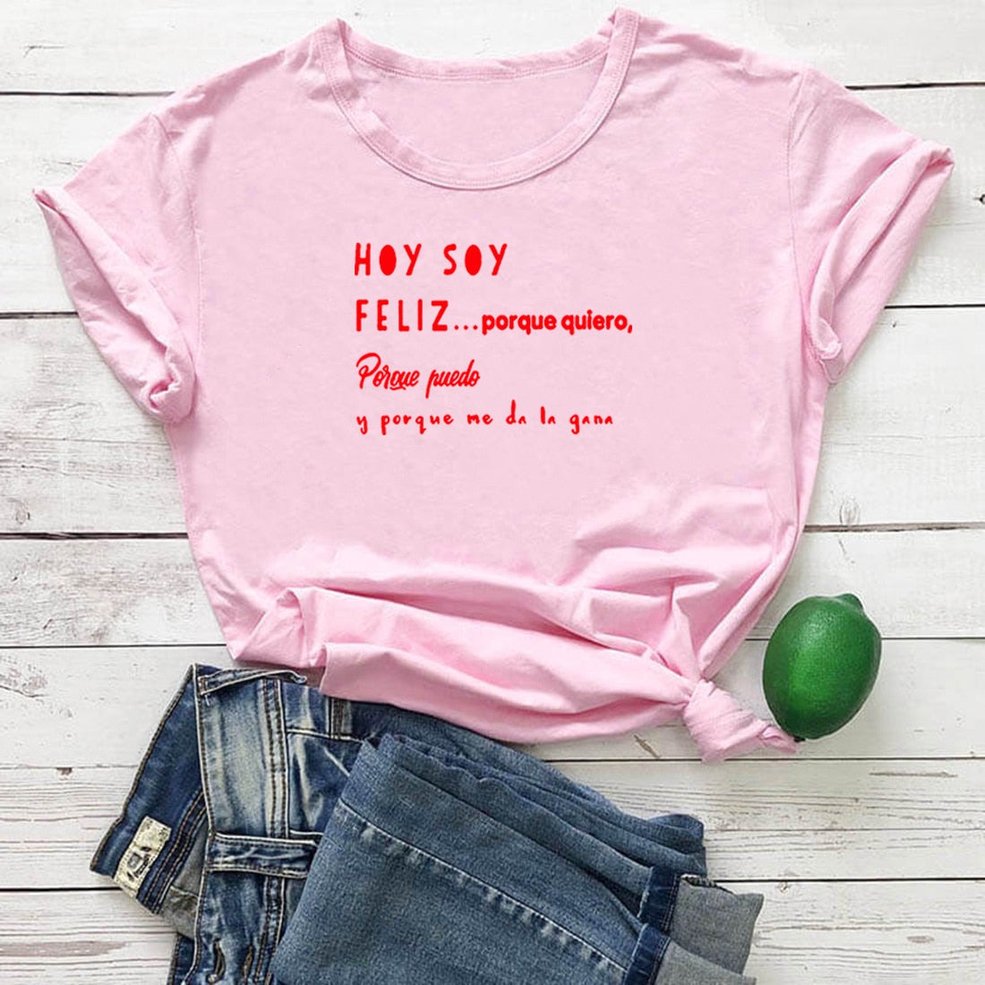 Hoy Soy Feliz Funny T Shirts Women Short Sleeve O-neck Cotton Harajuku Tee Shirt Femme Casual Tshirt Women Loose Camiseta Mujer