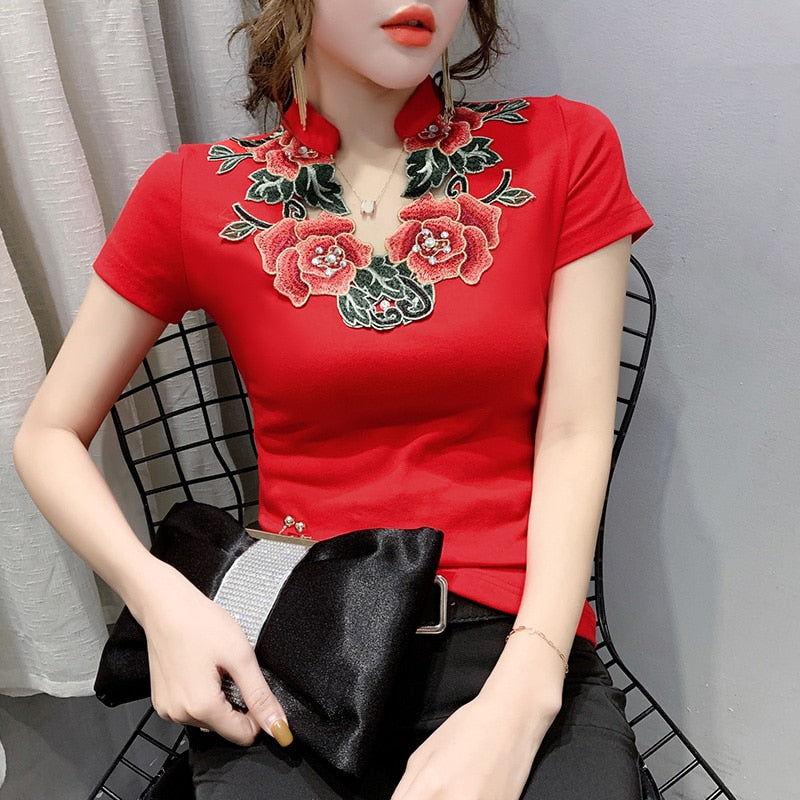 Women Cotton T-Shirts New Short Sleeve V-neck Tee Tops