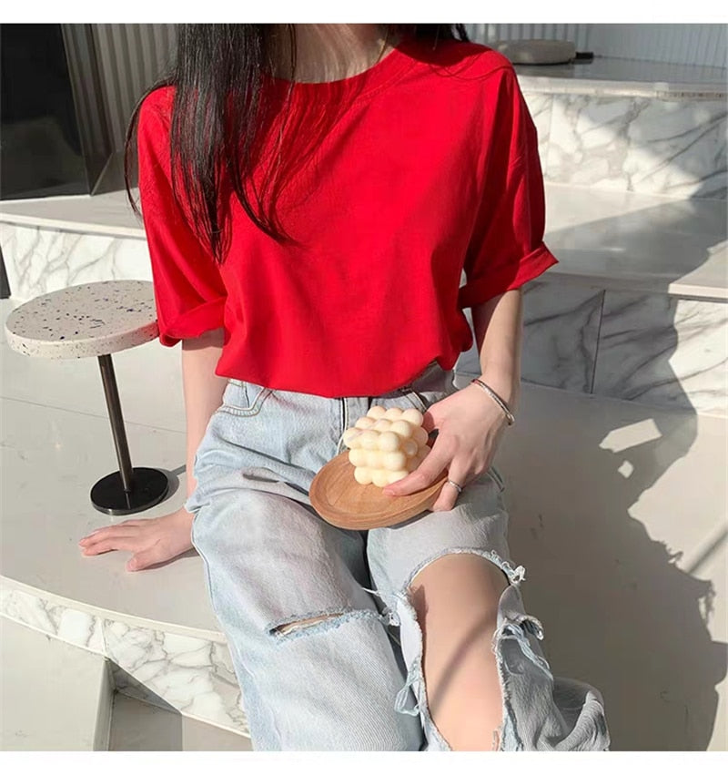 Hirsionsan 100% Cotton T Shirt Women Summer New Oversized Solid Basic Tees 9 Color Casual Loose Tshirt Korean O Neck Khaki Tops