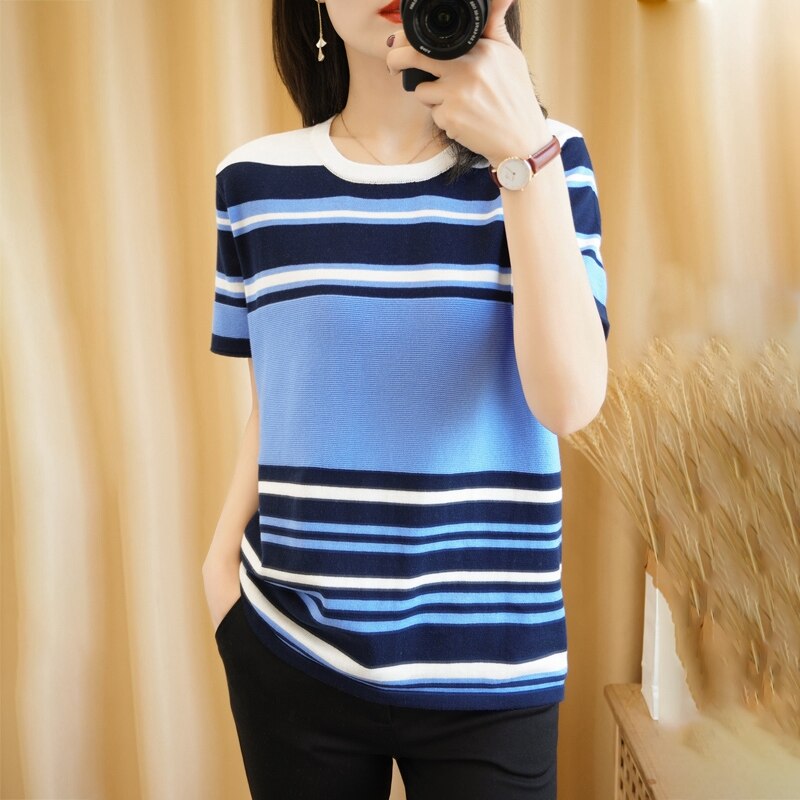 summer new pure cotton T-shirt women casual pullover knitted sweater short sleeve plus size round neck tees striped top