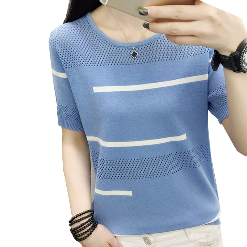 Thin Summer Hollow Out Striped T Shirt Women Tshirt Knitted 2021 Korean T-Shirt Woman Clothes Tee Shirt Femme Camisetas Mujer