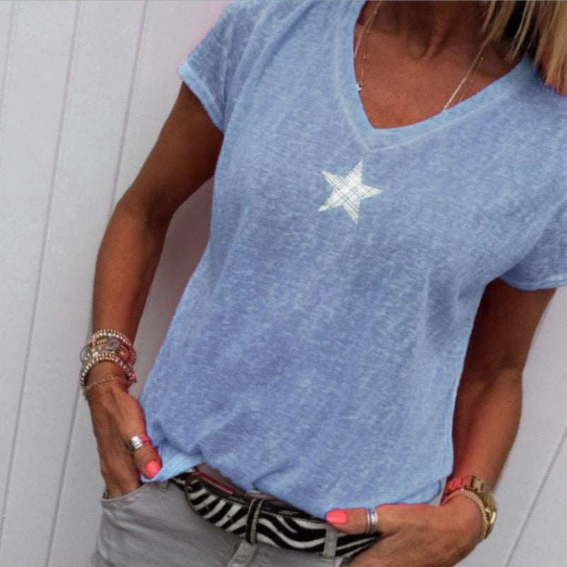 Summer T Shirt Women Casual V-Neck T-shirts Female Short Sleeve