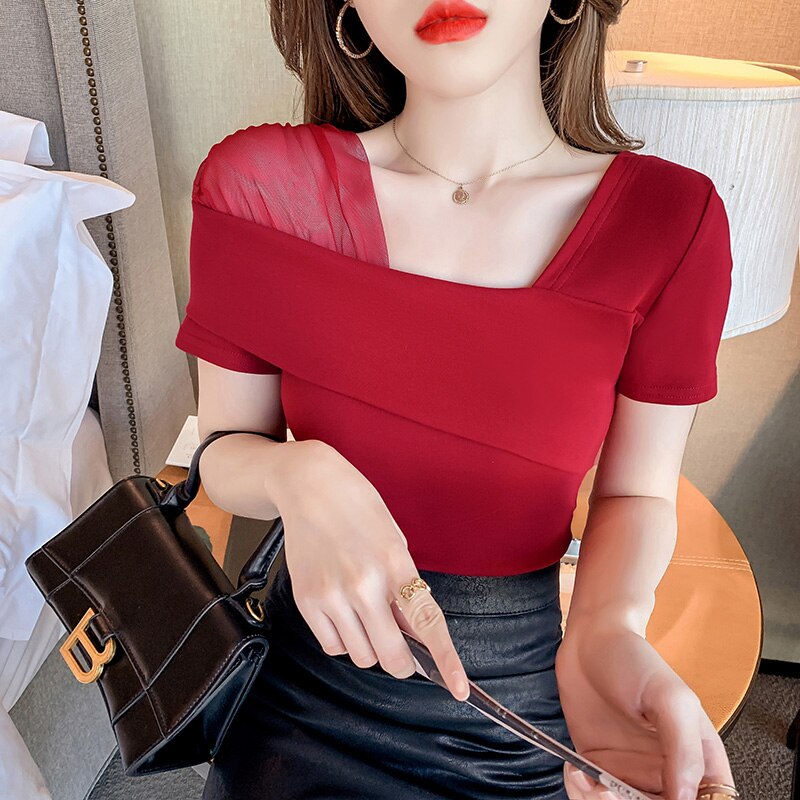 European Clothes Fashion Asymmetrical Hollow Out T-shirt Women 2020 New Summer Back Tops Ropa Mujer Bottoming Shirt Tees T02210