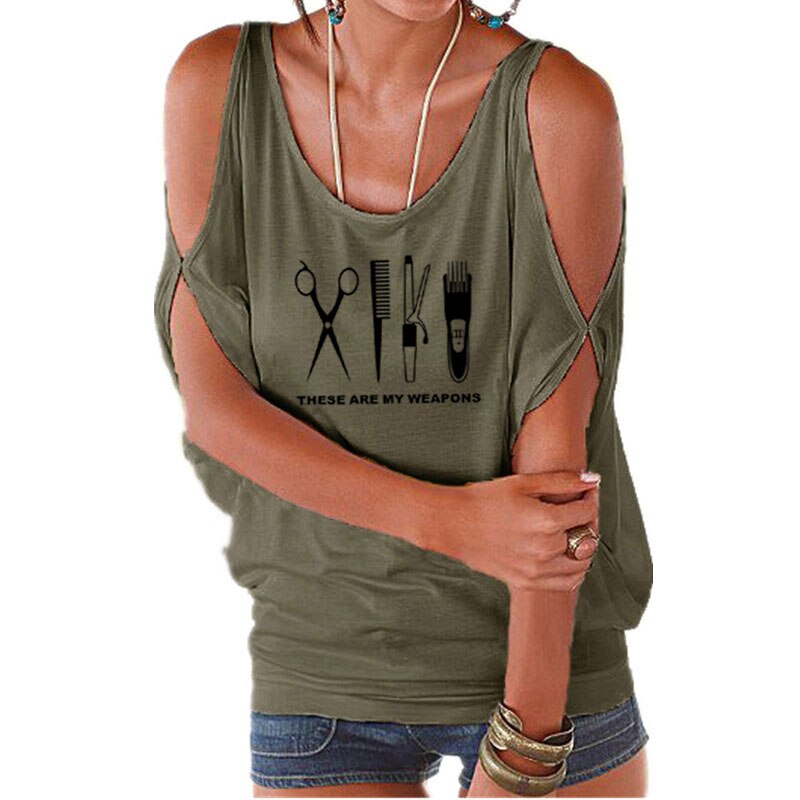 Barber T Shirt Women O-Neck Hairdresser Weapon T-shirt Woman scissors Tops Girl Sexy Off Shoulder Batwing Lace up Top Tees