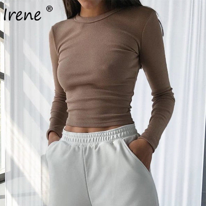 Irene O Neck Long Sleeve Shirt Women Ribbed Sexy Cropped