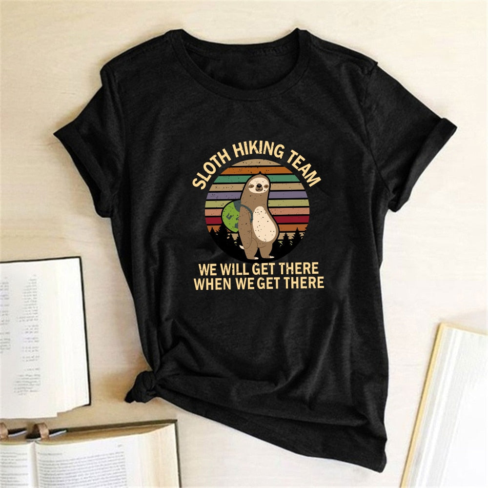 Sloth Hiking Team Printed Tshirts Women Summer Graphic Tees