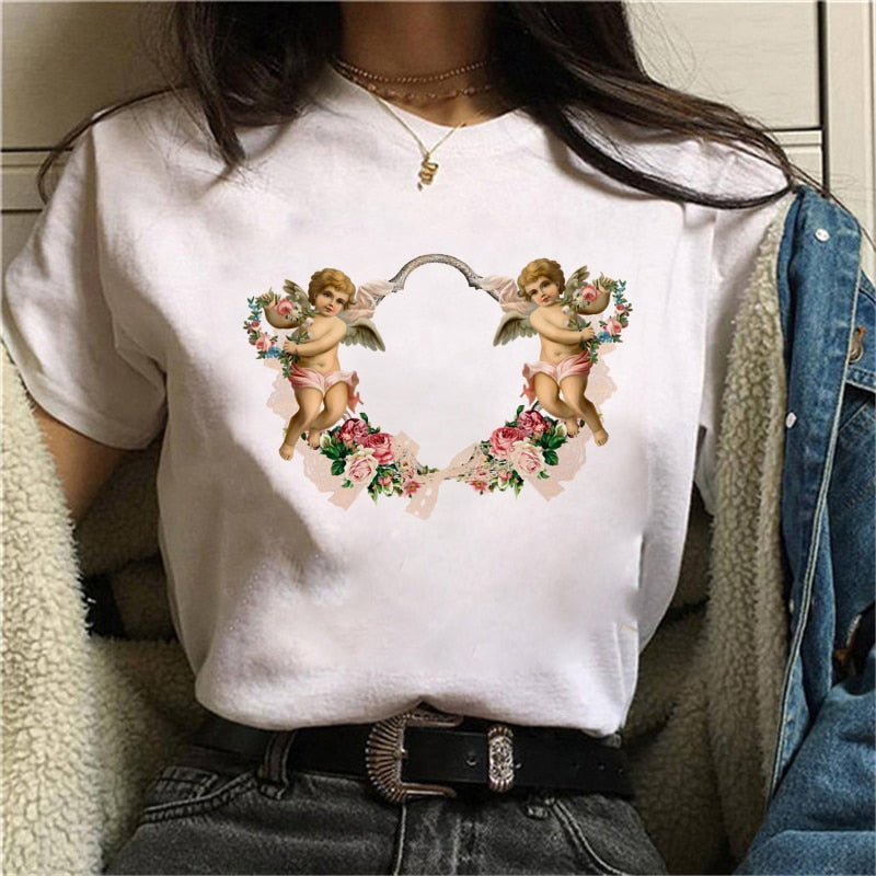 Cupid Angel Print T shirt Women Summer Cartoon Clothes