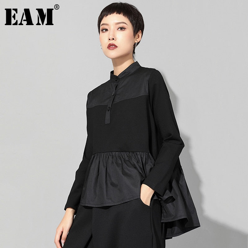 New Spring Autumn Stand Collar Long Sleeve Black Loose Hem