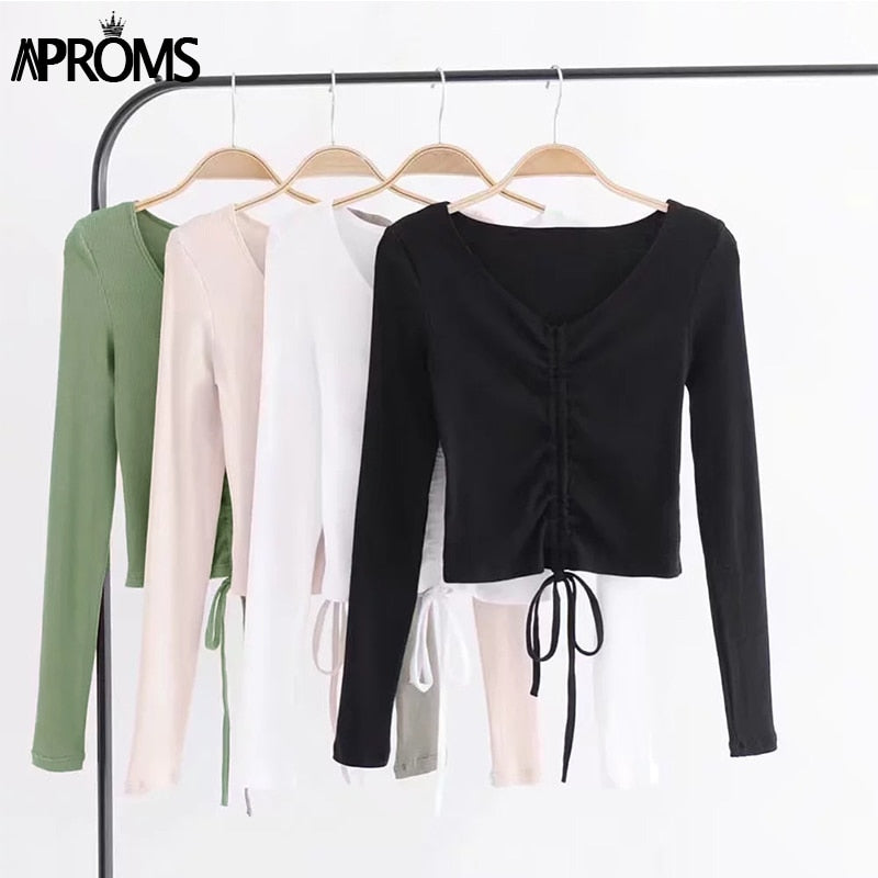 Sexy V Neck Ribbed Cropped T-shirt Women Elegant