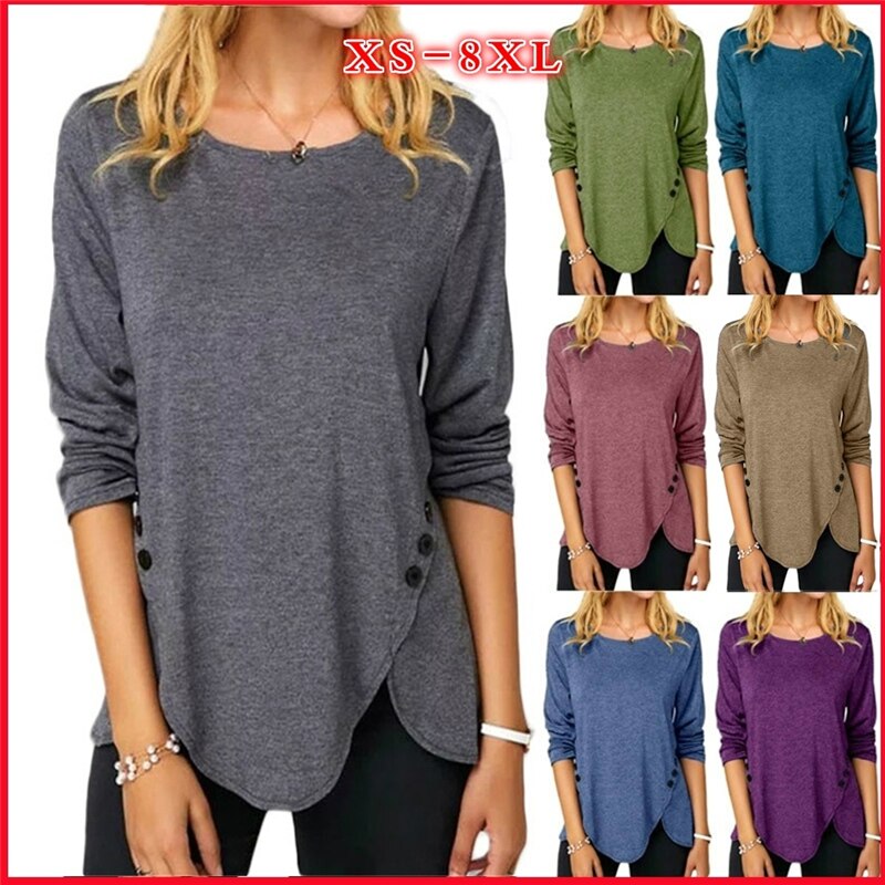 Women Round Neck Long Sleeves Button T-Shirt Color