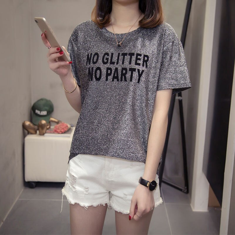 Silver English letter flocking T-shirts women all-match summer