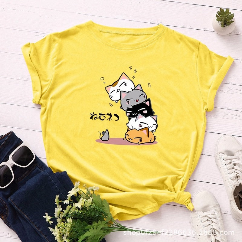 Summer T-Shirt Women Plus Size S-5XL Cotton Graphic Funny Cats Print Female Short Sleeve Simple Tshirts Casual Fashion Tops Tees