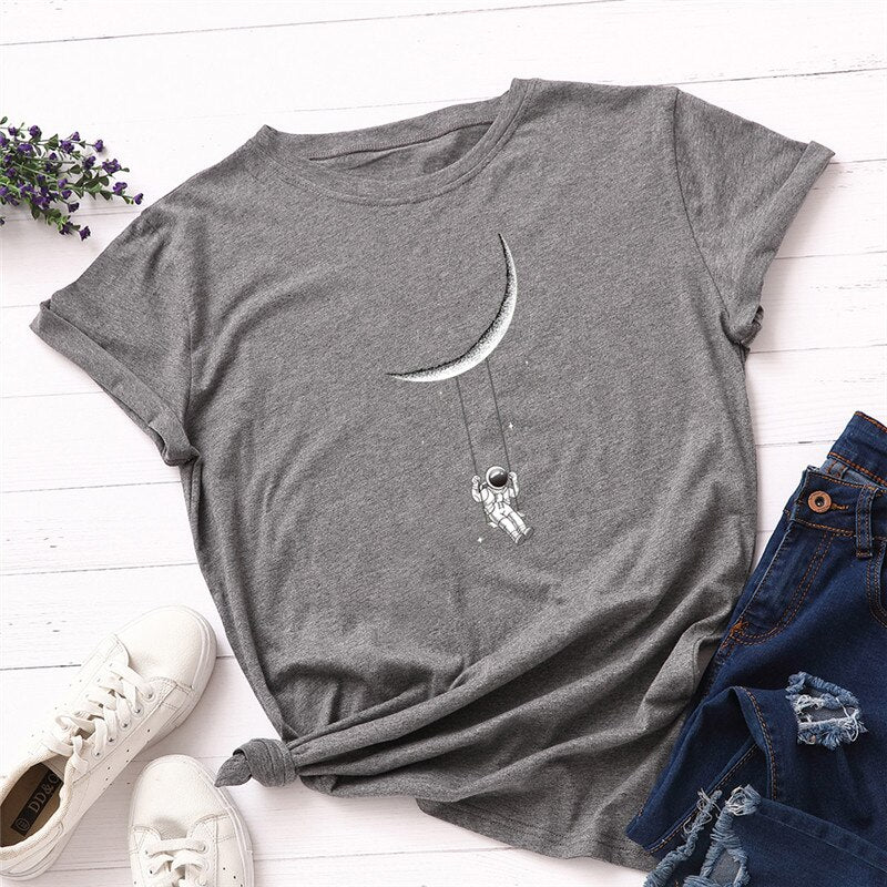 Plus Size S to 5XL TShirt New Moon Astronaut Print Loose Women