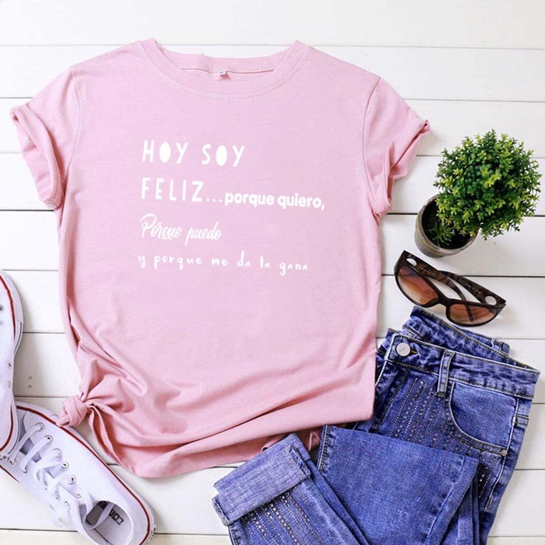 Hoy Soy Feliz Funny T Shirts Women Short Sleeve O-neck Cotton Harajuku Tee Shirt Femme Casual Tshirt Women Loose Camiseta Mujer