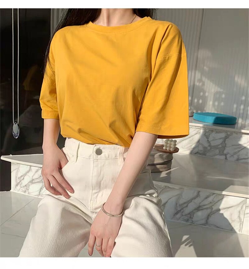 Hirsionsan 100% Cotton T Shirt Women Summer New Oversized Solid Basic Tees 9 Color Casual Loose Tshirt Korean O Neck Khaki Tops