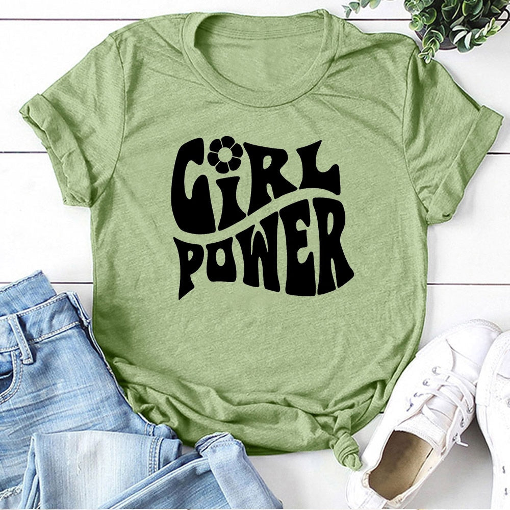 Harajuku Tees Tops Girl Power Letter Print T Shirt Women Short Sleeve Crewneck Summer Fashion Clothes Women T Shirt Ropa Mujer