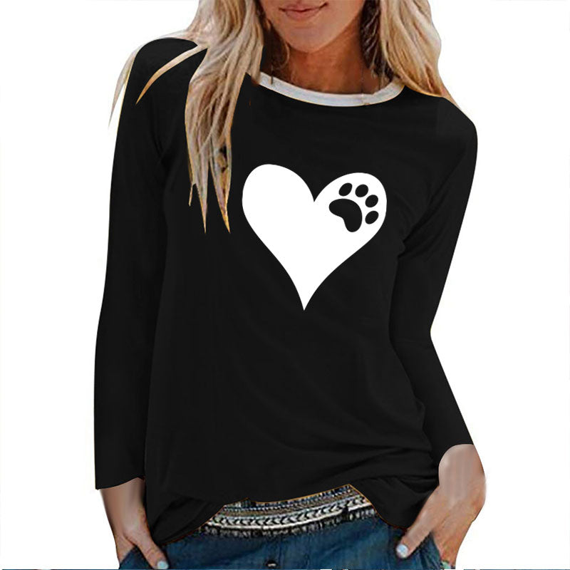 Heart Bear Paw Print Long Sleeve T-shirts Women Autumn