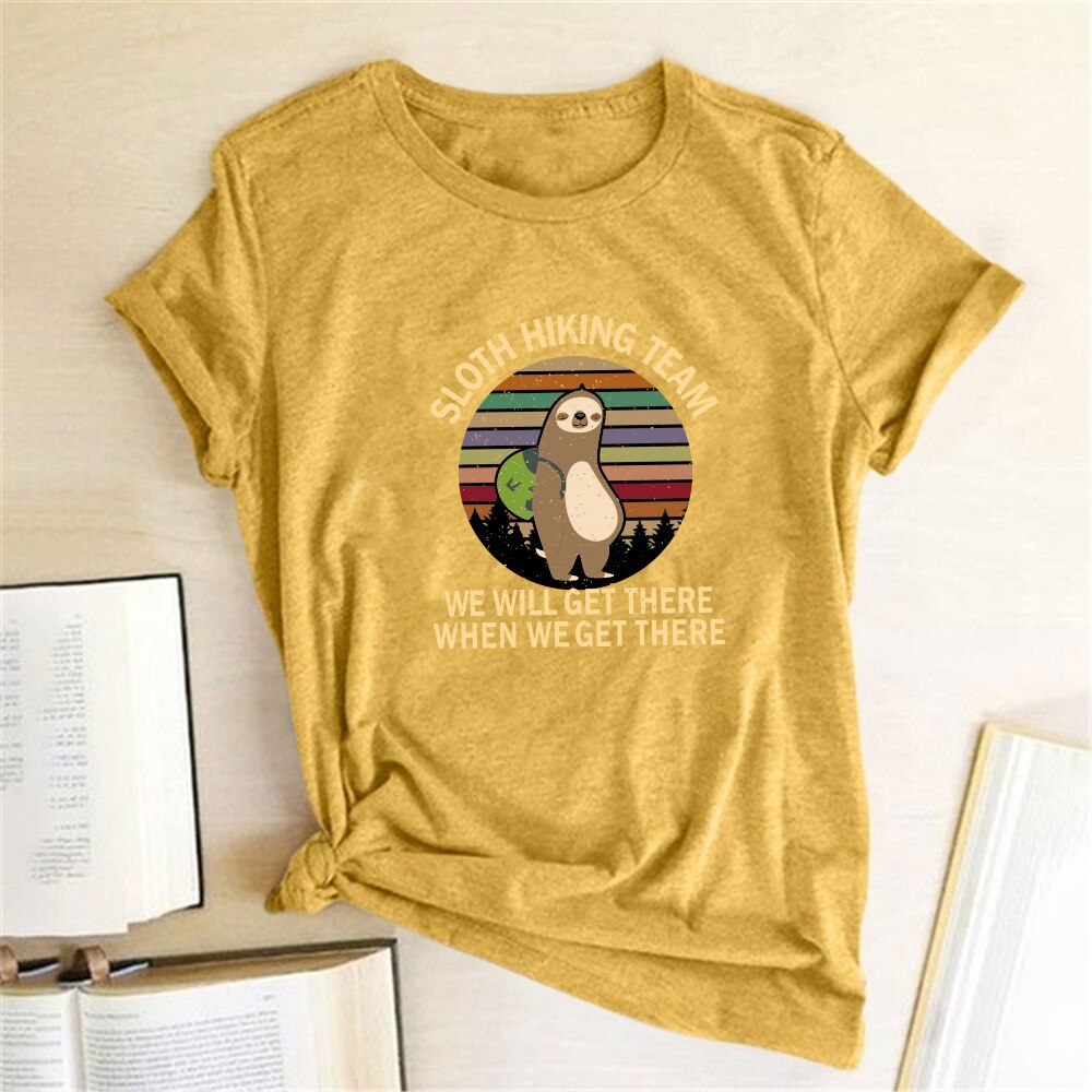 Sloth Hiking Team Printed Tshirts Women Summer Graphic Tees