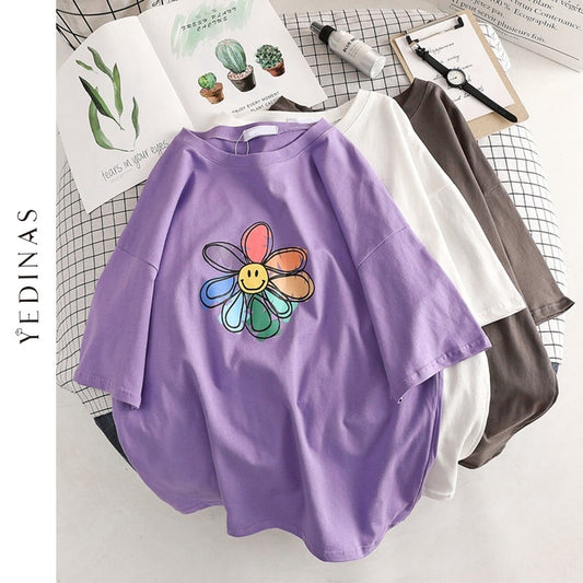 Yedinas Sunflower Print T Shirt Women Summer T-shirt Cotton Female Japanese Style Aesthetics Tops Oversized Streetwear Tee Shirt