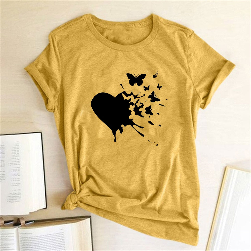 Heart Butterflies Print T-shirts Women Summer Graphic