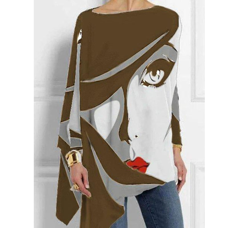 Plus Size White-Black Abstract Vintage Tops Women Loose Crew Neck Cotton Casual Shirts Long Sleeve Irregular T-shirt Print