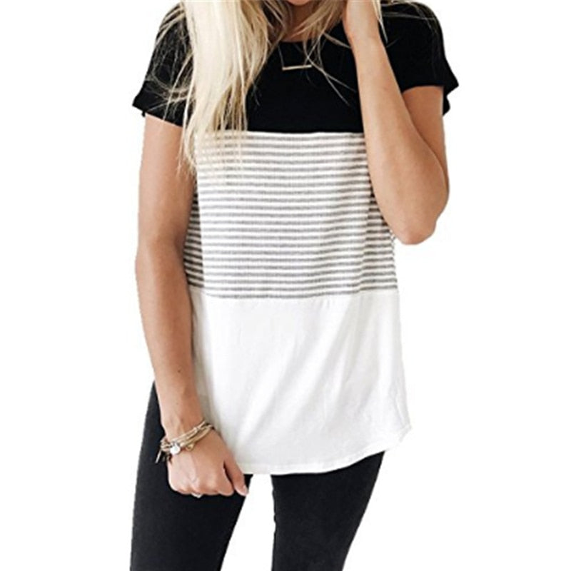 Women Stripe Tops Lady Fashion Three-color Stitching Short Sleeve Clothes Summer O-Neck T-Shirt