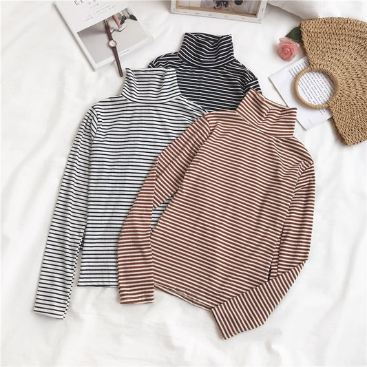 Women Striped Turtleneck T-Shirt Vintage Long Sleeve Casual