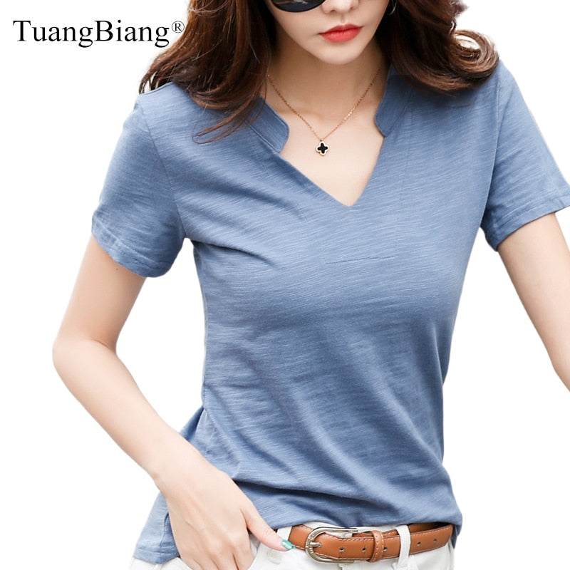 Short Sleeve Bamboo Cotton Women V-Neck T-Shirts 2021 Loose Casual Solid Color Brand T Shirt Ladies Summer Spring All-Match Tops