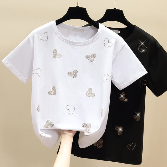 Gkfnmt New 2021 White T shirt Women Clothes Diamond Cotton Korean Casual Female T-Shirt Summer Tops Black Short Sleeve Tee Shirt