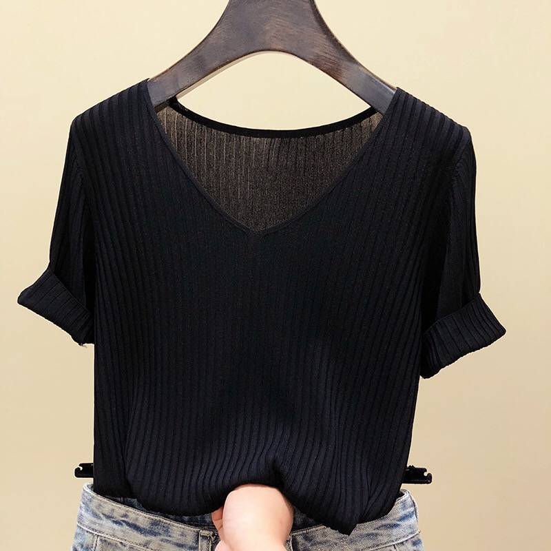 Knitted Short Sleeve Women V-Neck T Shirts Blue Loose Black