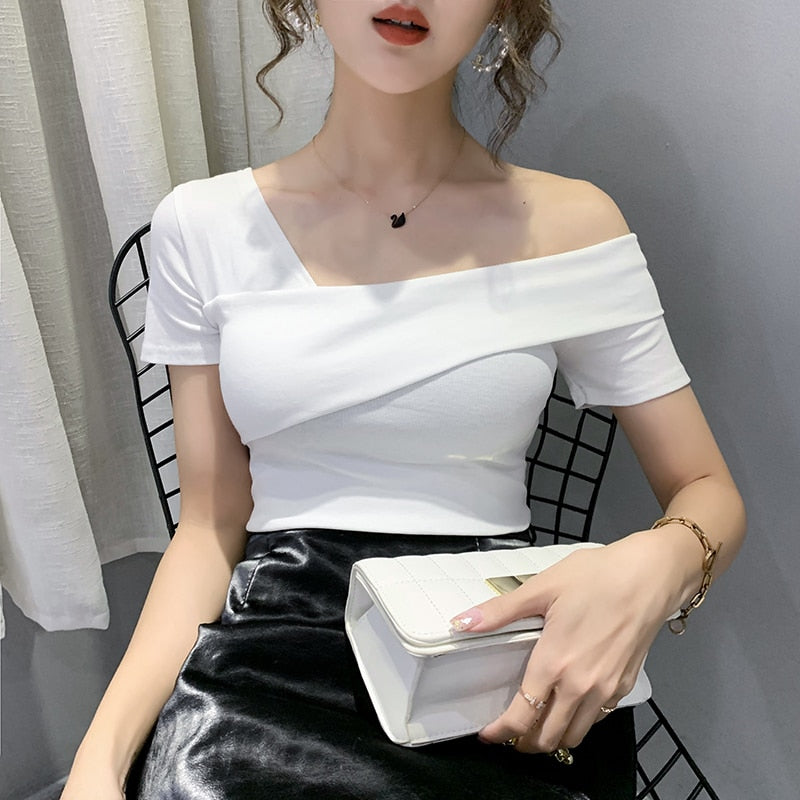 European Clothes Fashion Asymmetrical Hollow Out T-shirt Women 2020 New Summer Back Tops Ropa Mujer Bottoming Shirt Tees T02210