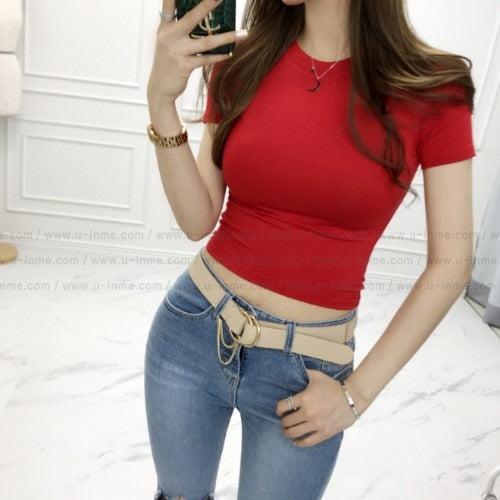 New Summer T Shirt Women Elasticity T-Shirt Woman Clothes Tops Slim Tshirt Female Short sleeve Crop Top Womens Sexy Canale