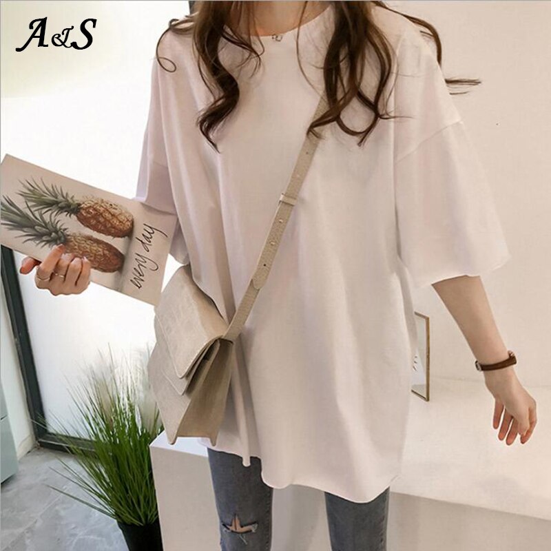 Korean Style Female T-shirt Pure Color M-XL Oversized Women Tops Harajuku Simple Basic Tee Shirt Feminina White Casual O-neck