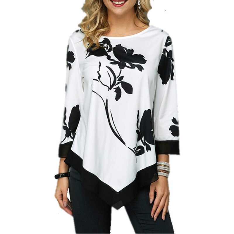 Women T-Shirt Elegant Floral Print Loose Three Quarter