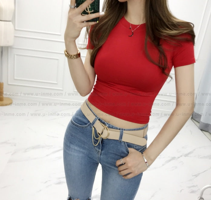 New Summer T Shirt Women Elasticity T-Shirt Woman Clothes Tops Slim Tshirt Female Short sleeve Crop Top Womens Sexy Canale