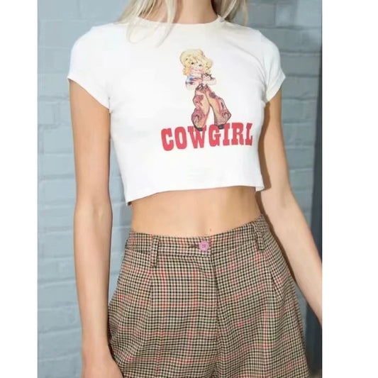 Women Cowgirl Print Crop Tee Short Sleeve Crop T-shirt