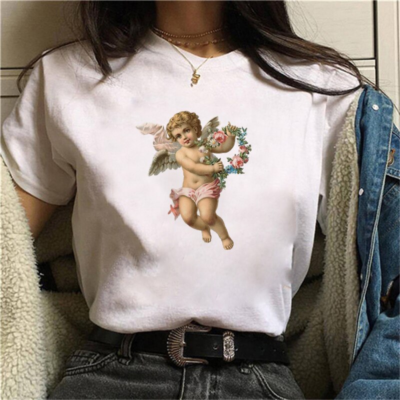 Cupid Angel Print T shirt Women Summer Cartoon Clothes