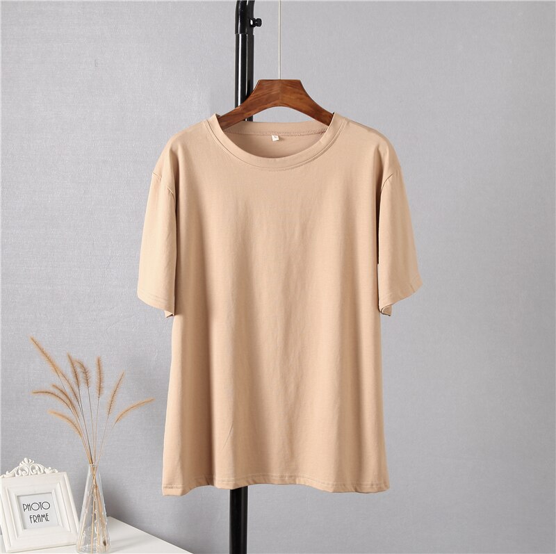 WYWM Summer Women Basic Loose T Shirt Solid Color Oversized Cotton Harajuku Short Sleeve Knitted Tees Korean Casual Female Tops